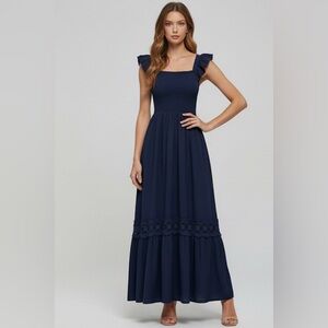 LAST ONE 🔥 Shirred Guipure Lace Insert Ruffle Hem Dress Blue